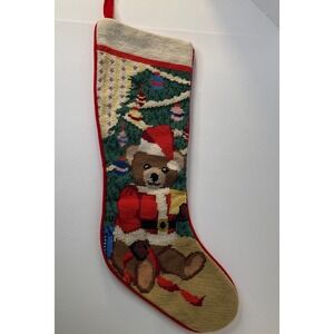 Vintage Imperial Elegance Wool Needlepoint Christmas Stocking Bear Tree Red 20"‎